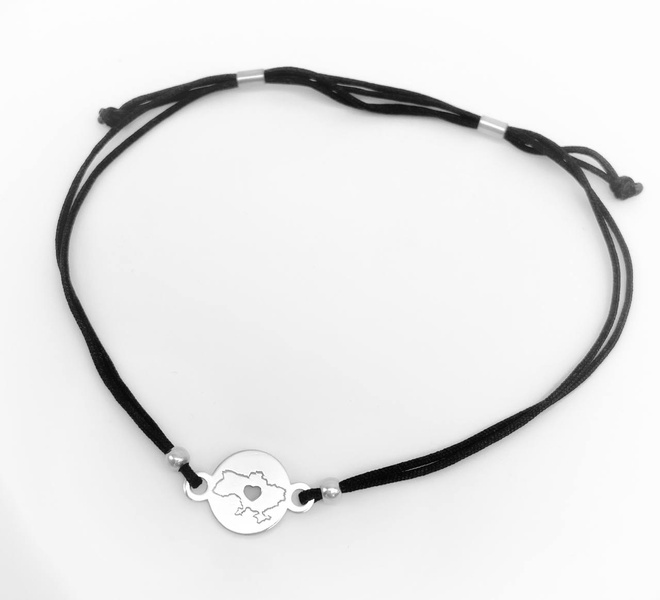 Серебряный браслет-нитка для персональной гравировки Украина с сердцем, до 22 см, до 22 см