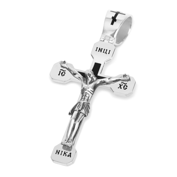 Серебряная подвеска Крест с распятием и черной эмалью