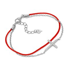 Серебряный браслет на красной нитке Крест с фианитами, 15 см + 3 см, 15 см + 3 см
