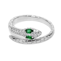 Серебряное кольцо Змея с зелеными фианитами, 17