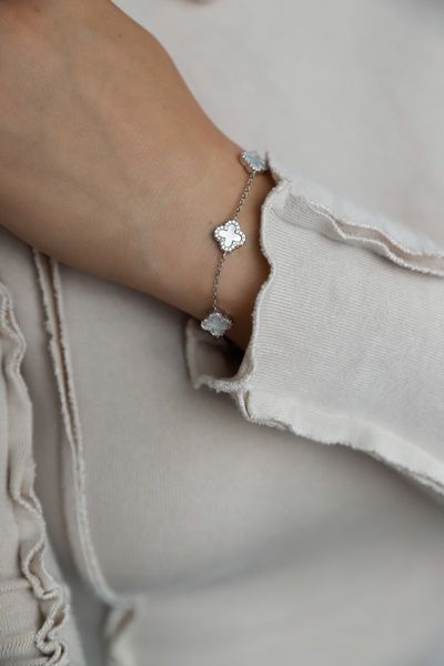 Срібний браслет в стилі Арпельс з перламутром та фіанітами, 17.5 см + 3 см, 17.5 см + 3 см